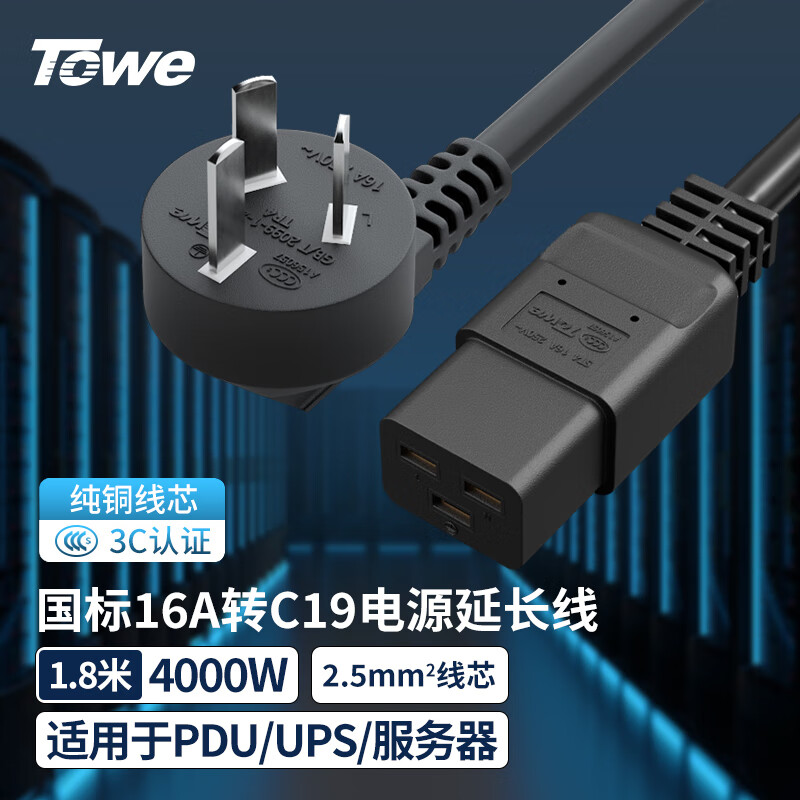 TOWE同为16a大功率电源线电脑/服务器连接线国标16a转c19电源线三芯纯铜芯2.5平1.8米