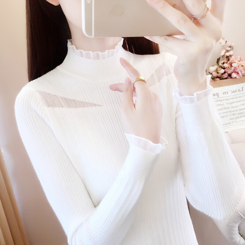 香影芬半高领蕾丝网纱拼接毛衣打底衫女秋冬2025新款内搭修身针织衫上衣 白色 XL (建议115-125斤）