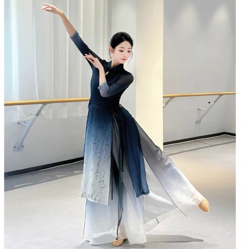 南啵丸古典舞旗袍舞蹈服女飘逸水墨渐变纱衣练功服中国舞弹力国风演出服 墨染黑套装 S