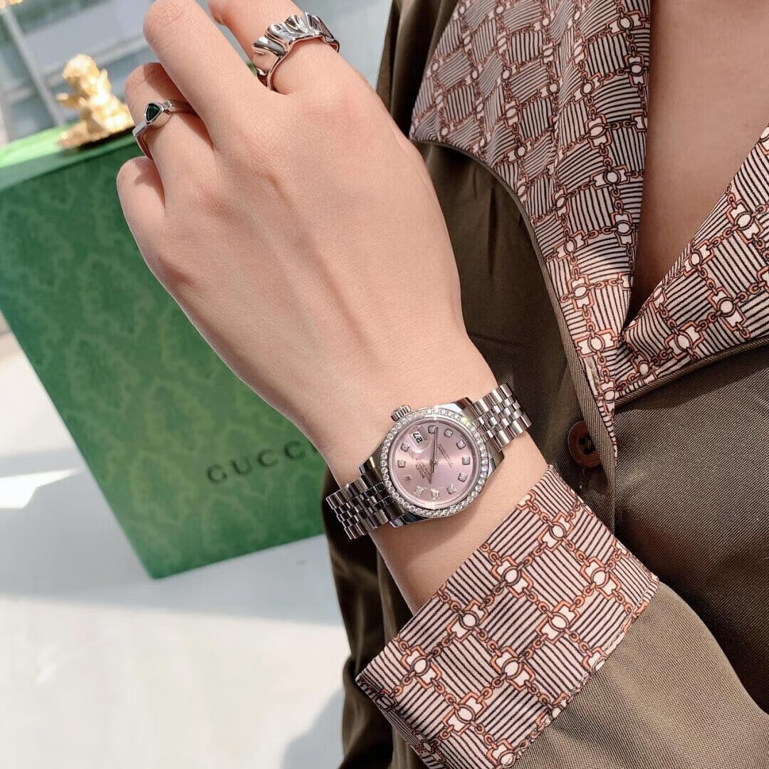 时尚女表后镶钻石后配盘面指针二手劳力士女表 粉色盘