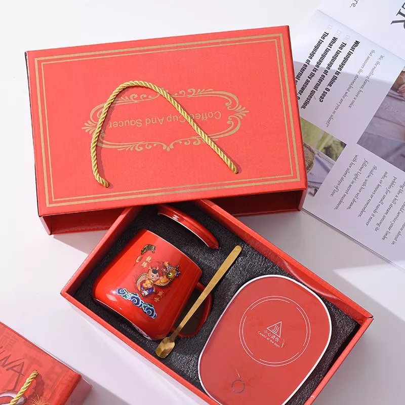 杯55°C度陶瓷马克杯带盖勺保温水杯家用办公暖暖杯牛奶咖啡杯 白色杯+垫+礼盒