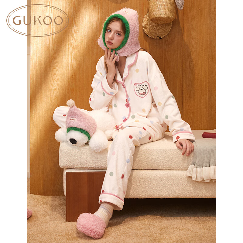 果壳（Gukoo）睡衣女冬季新款miiiiichan系列可爱毛绒保暖女士家居服套装D 奶油白女套 XS