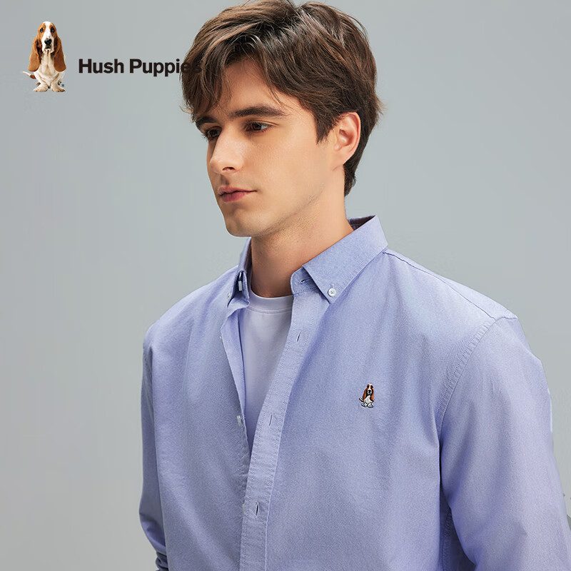 暇步士(Hush Puppies)男装秋纯色刺绣休闲长袖衬衫 025浅蓝2 XL