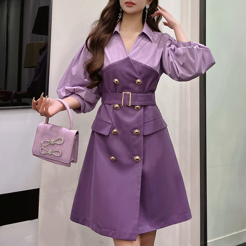 粉红大布娃娃连衣裙春季新款气质时尚衬衫式裙子 紫色 L