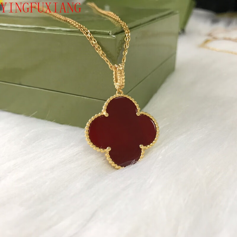 迎福祥珠宝 四叶草大号毛衣链长90cm镶红玉髓黑玛瑙白贝母日韩网红 红
