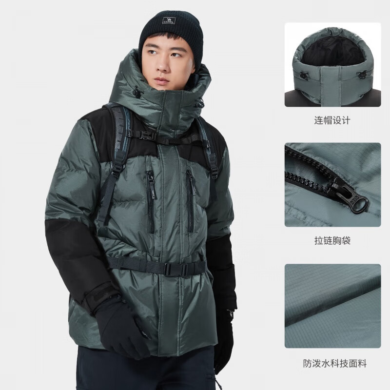 骆驼（CAMEL）户外羽绒服鸭绒加厚羽绒衣经典时尚防风保暖运动外套 AA12264032，海苔绿/幻影黑，男 S