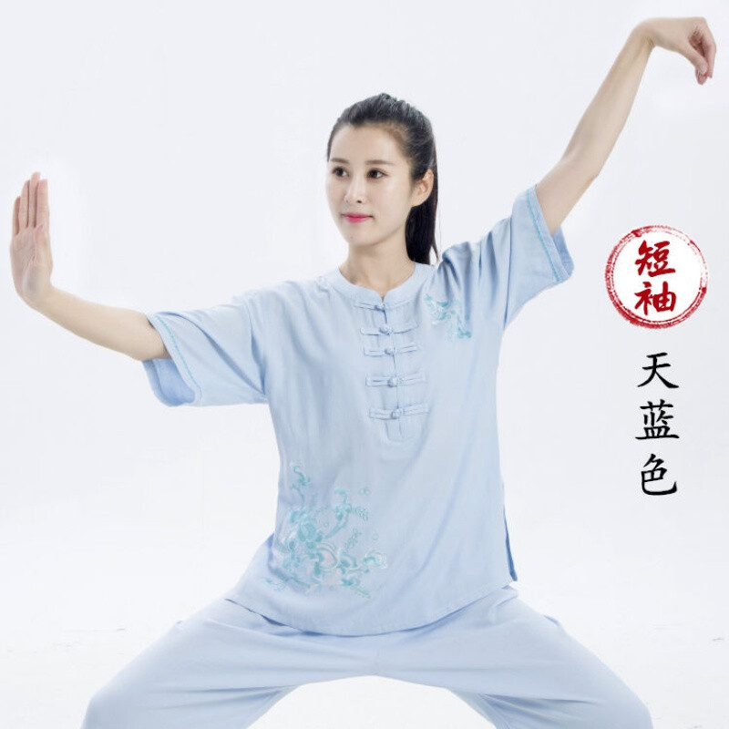 夏季薄款繡花太極服女短袖刺繡棉麻太極拳服裝武術(shù)練功服新款套裝 天藍(lán)色【短袖】 XXXL(145-160斤)