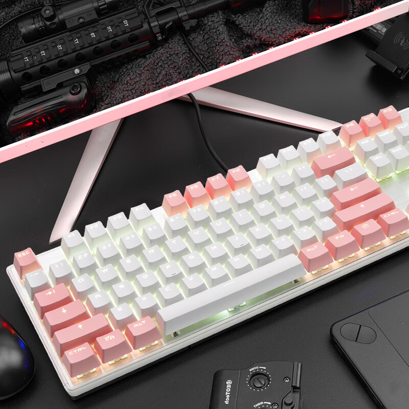 黑峡谷（Hyeku）GK715s有线机械键盘 游戏机械键盘 吃鸡键盘PBT键帽 白粉色凯华插拔白轴