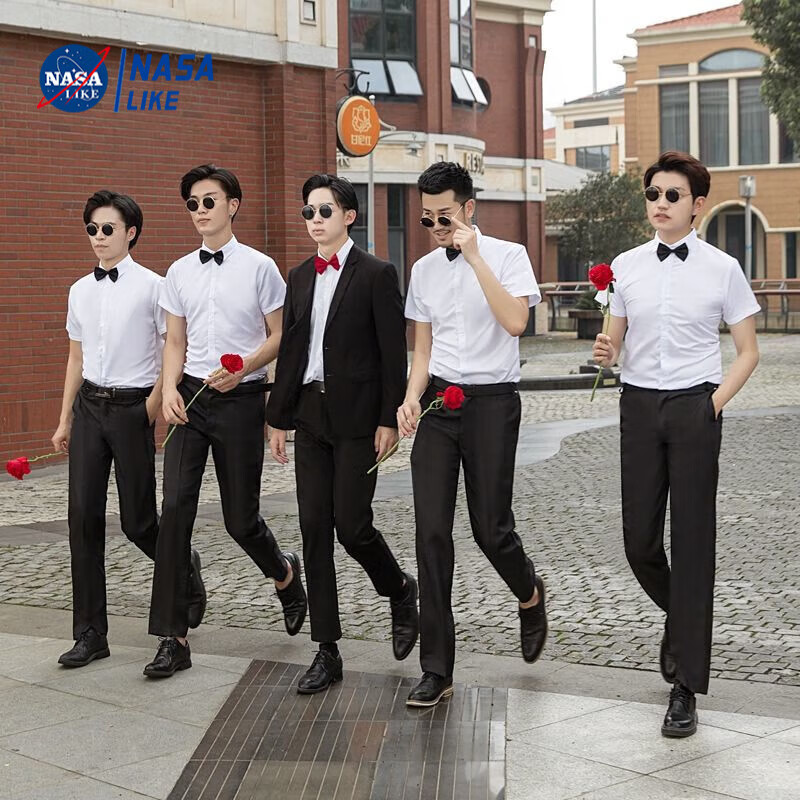 nasalike夏天伴郎服套装短袖粉色衬衫白色衬衣兄弟装结婚礼服男兄弟团