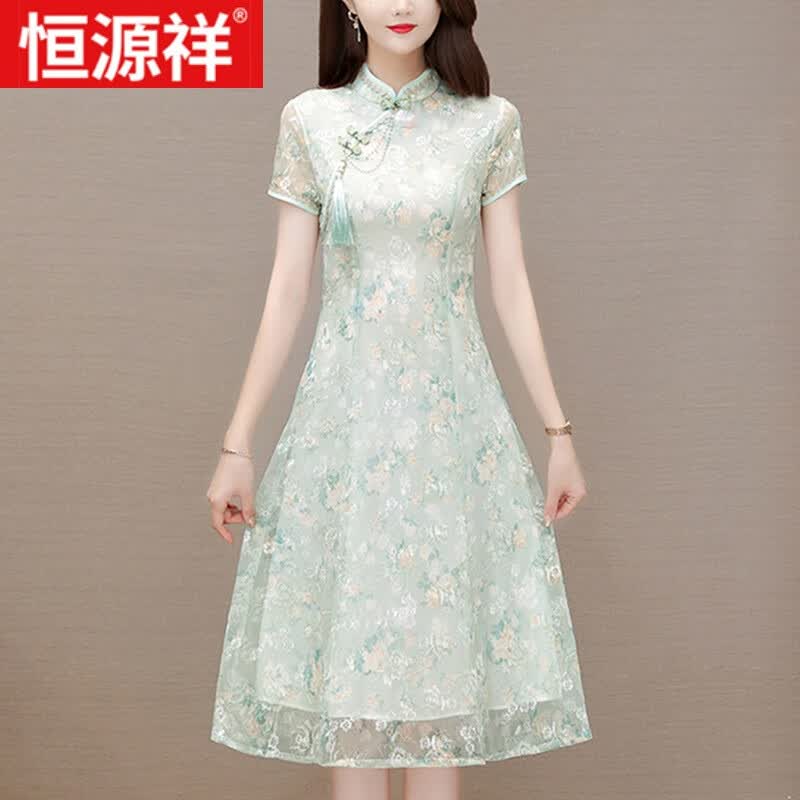 恒源祥夏季2023新款中年气质改良版旗袍连衣裙减龄显瘦妈妈碎花雪纺裙子 浅绿色 XL （105-115斤）怎么看?