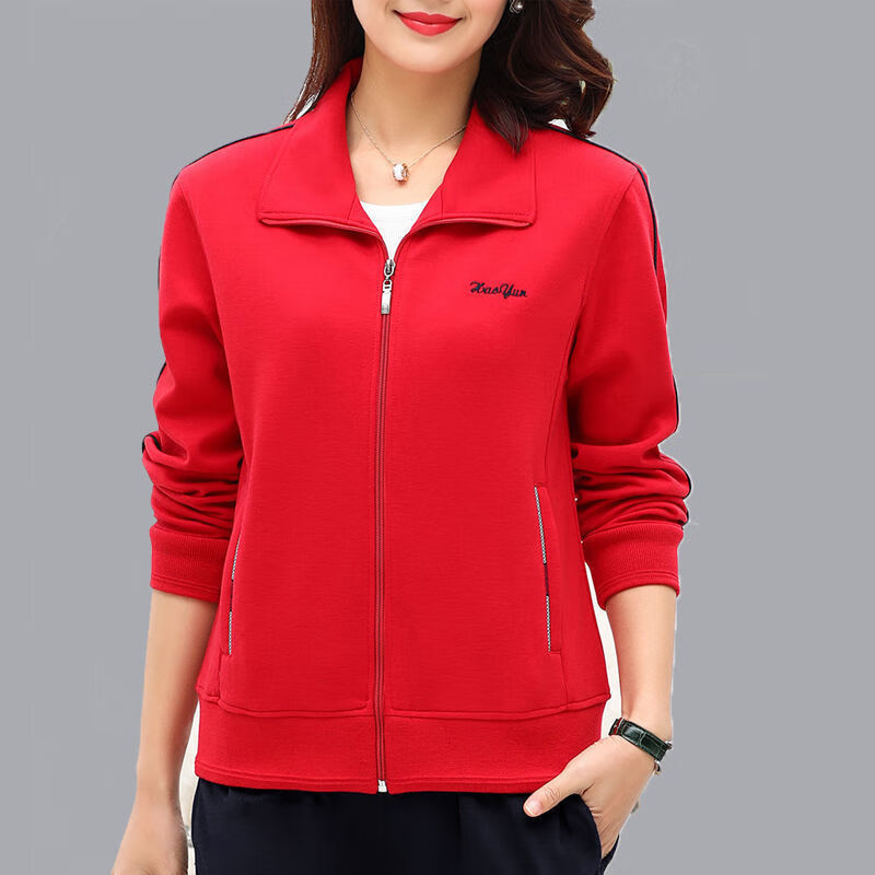 婵栩妈妈穿中老年女卫衣春秋上装女士运动服上衣宽松春秋款 大红色