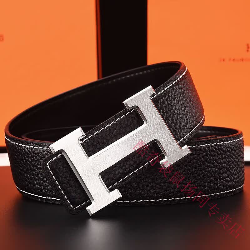 酷奇袋鼠男士皮带真牛皮时尚百搭H铜扣工字扣真皮休闲青中年腰带男 H黑色+银扣 3.8宽 105cm