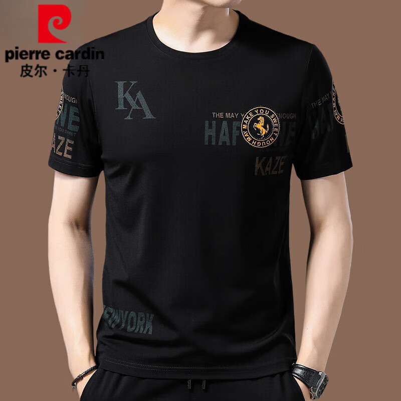 皮尔卡丹（pierre cardin）夏季宽松冰丝短袖t恤男休闲夏装薄款圆领半袖体恤上衣男 113黑色短 袖 180/2XL推荐155-170斤