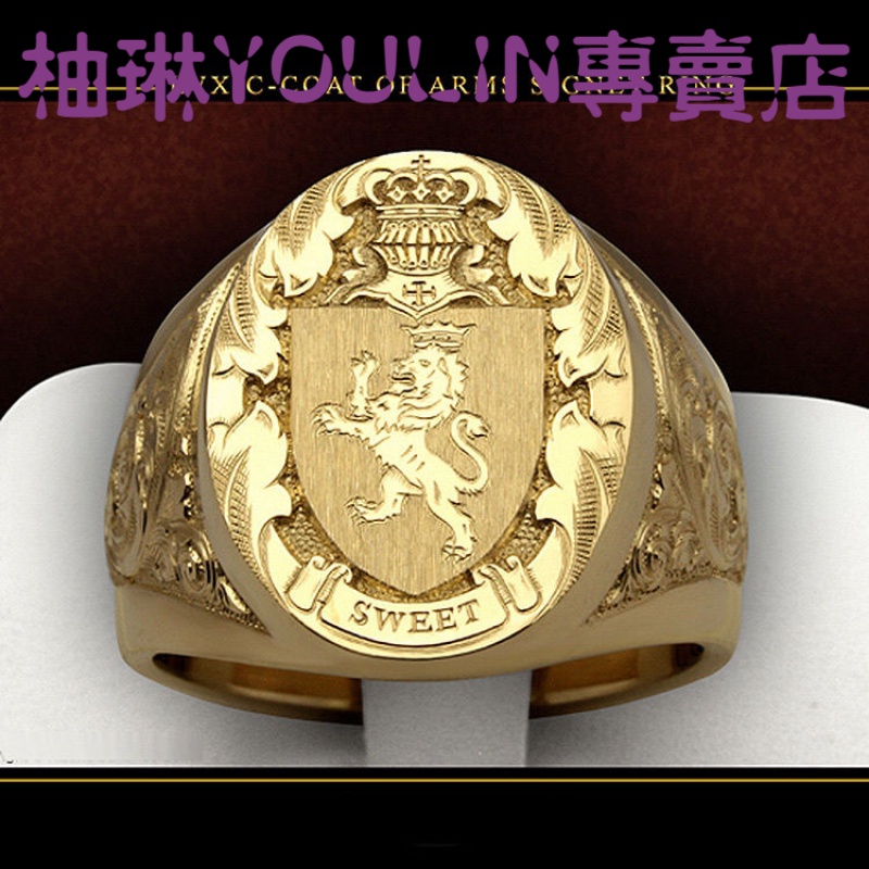 狮子皇冠盾牌徽章花雕教父戒指男欧美镀金雕刻印章男戒 生日礼物 节日