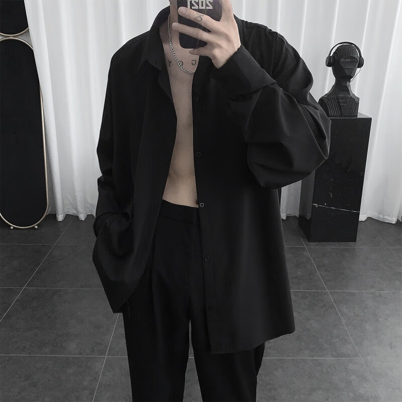 新款宽松休闲纯色长袖衬衫外套男士韩版学生情侣白衬衣上衣服 黑色 m