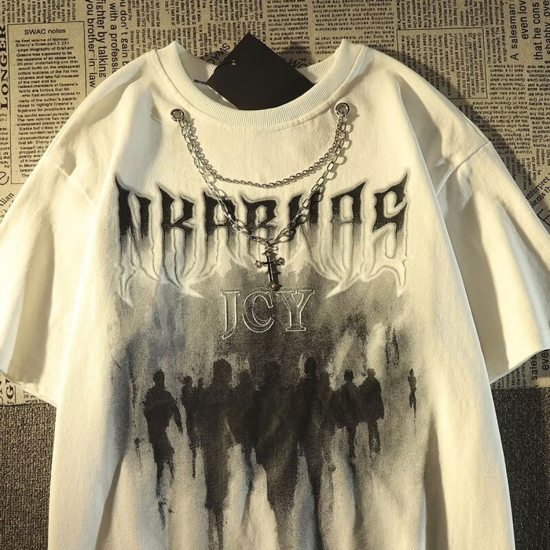 迪伽达短袖男装2025新款夏季潮流美式重磅带项链宽松休闲圆领T恤男士 BNGYL-B14黑色 M