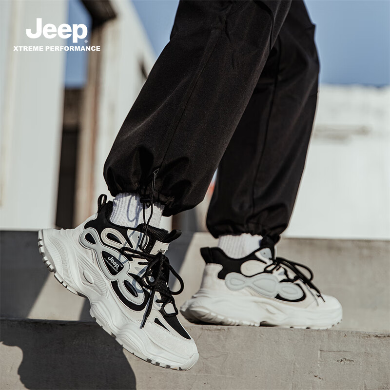 JEEP吉普户外老爹鞋子男款休闲轻便时尚运动鞋男透气徒步鞋耐磨登山鞋 白黑(棉) 44