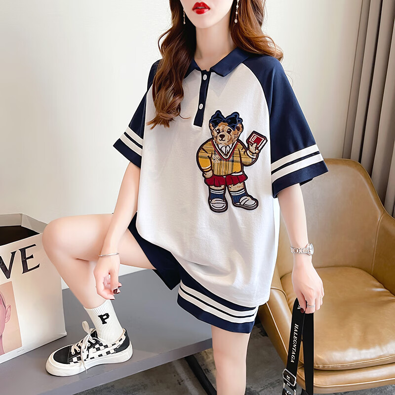 名莎学院风宽松刺绣小熊短袖短裤套装女夏季纯棉polo领两件套大码女装