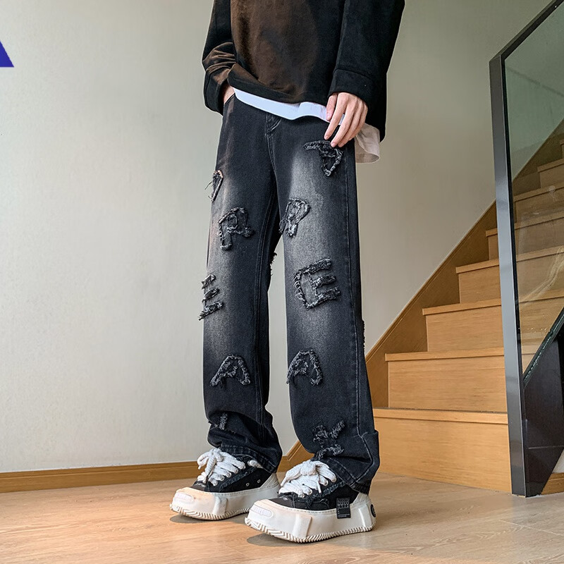 独角酷字母毛边高街牛仔长裤子男加肥加大码潮牌胖宽松直筒裤春秋