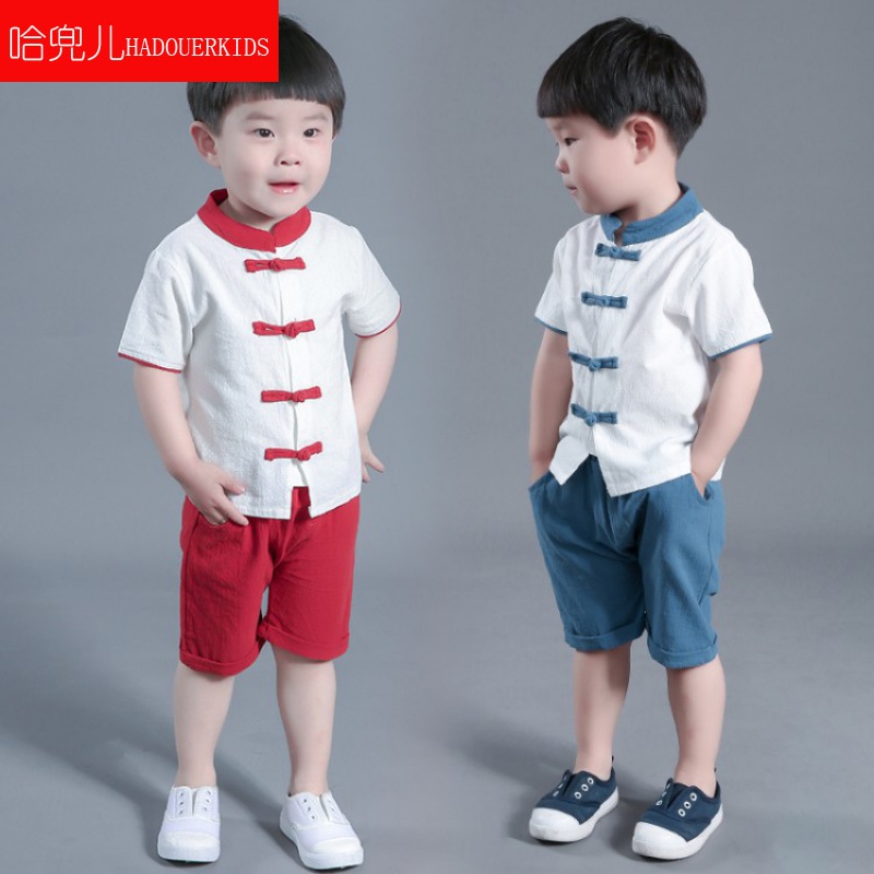 哈兜兒 男童短袖復(fù)古棉麻漢服兒童夏季民族風(fēng)套裝周歲女寶寶中國風(fēng)唐裝 寶藍(lán)色 80