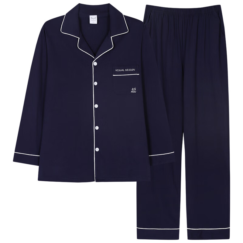 猫人男士睡衣男纯棉翻领开衫长袖睡衣男休闲可外家居服套装女 男款深蓝 2XL