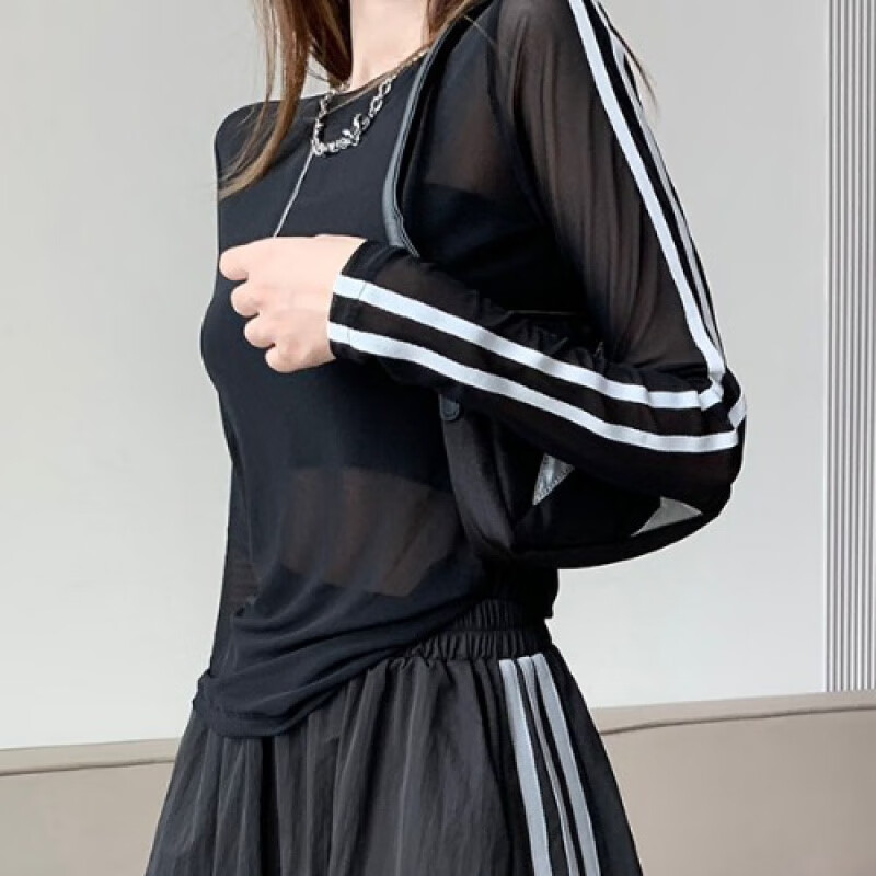 心菲痒侧条纹抽绳工装半身裙女夏季甜酷速干运动长裙松紧腰a字大摆伞