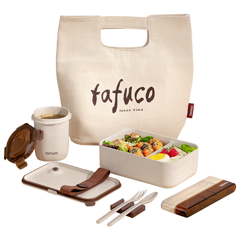 泰福高（TAFUCO）饭盒 日式轻便可微波加热环保谷物纤维塑料分隔便当盒汤杯勺叉布包套装 T5290