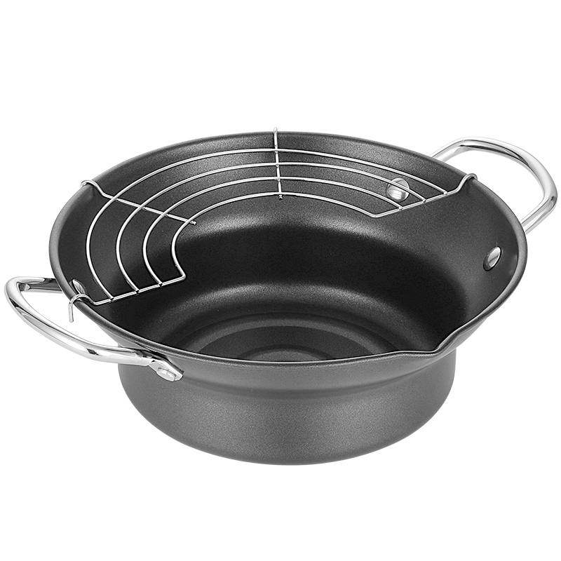 铸铁日式油炸锅配夹子家用迷你小炸锅煎锅带滤架无油烟不粘锅 【24cm】油炸锅 煎炸多用