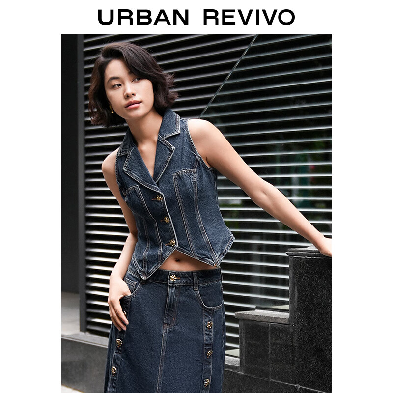 UR2024夏季新款女装时髦复古港风金属扣无袖牛仔衬衫UWG840104 蓝色 S