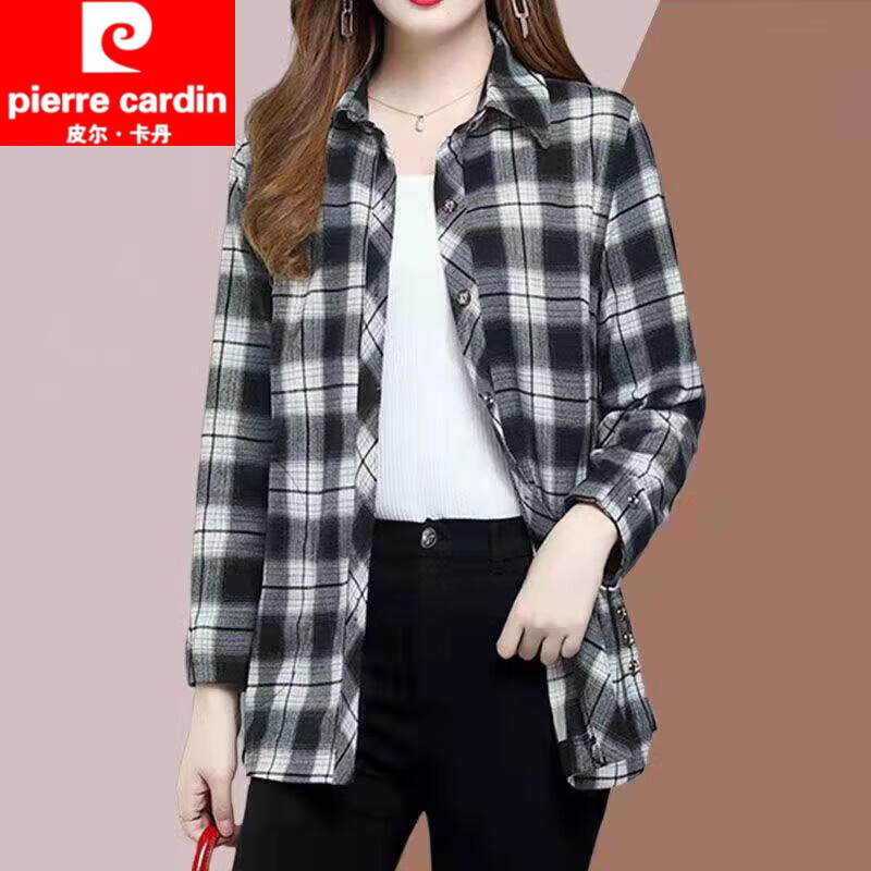 皮尔卡丹(pierre cardin)纯棉长袖衬衫女中年气质春秋柔软开衫时尚宽松格子POLO领女士外套 咖色 2XL 【建议110-125斤】