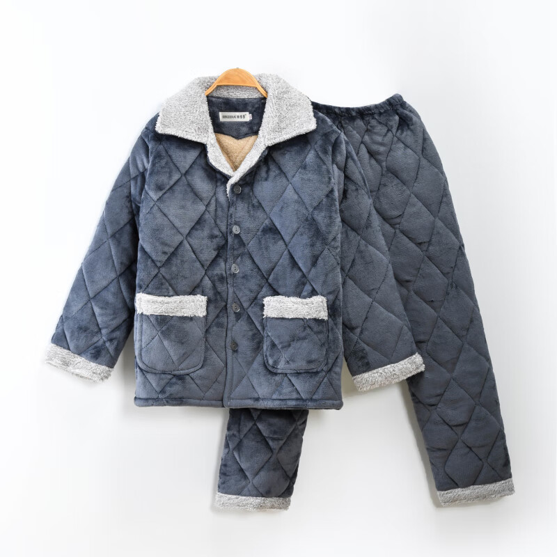 创京懿选睡棉衣男士冬款套装冬季男士睡衣加厚加绒三层夹棉袄珊瑚绒