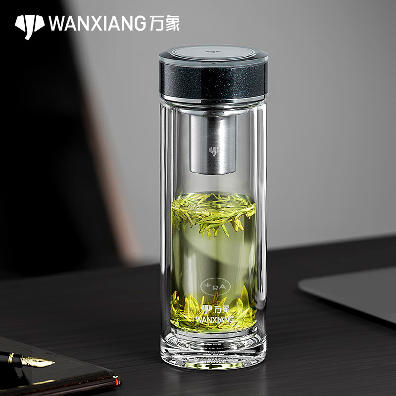 万象（WANXIANG）银离子抗菌玻璃杯礼盒装双层泡茶杯AV12L月光银商务杯360ml水杯