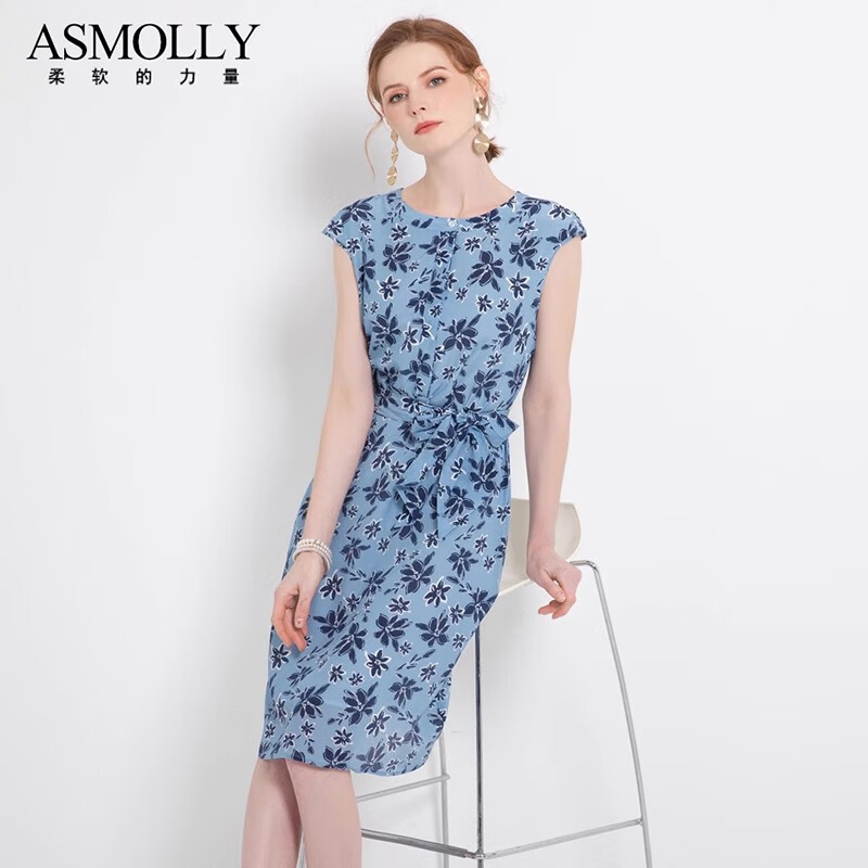 asmolly精选折扣 春夏气质ol印花真丝连衣裙女修身100%桑蚕丝中长裙