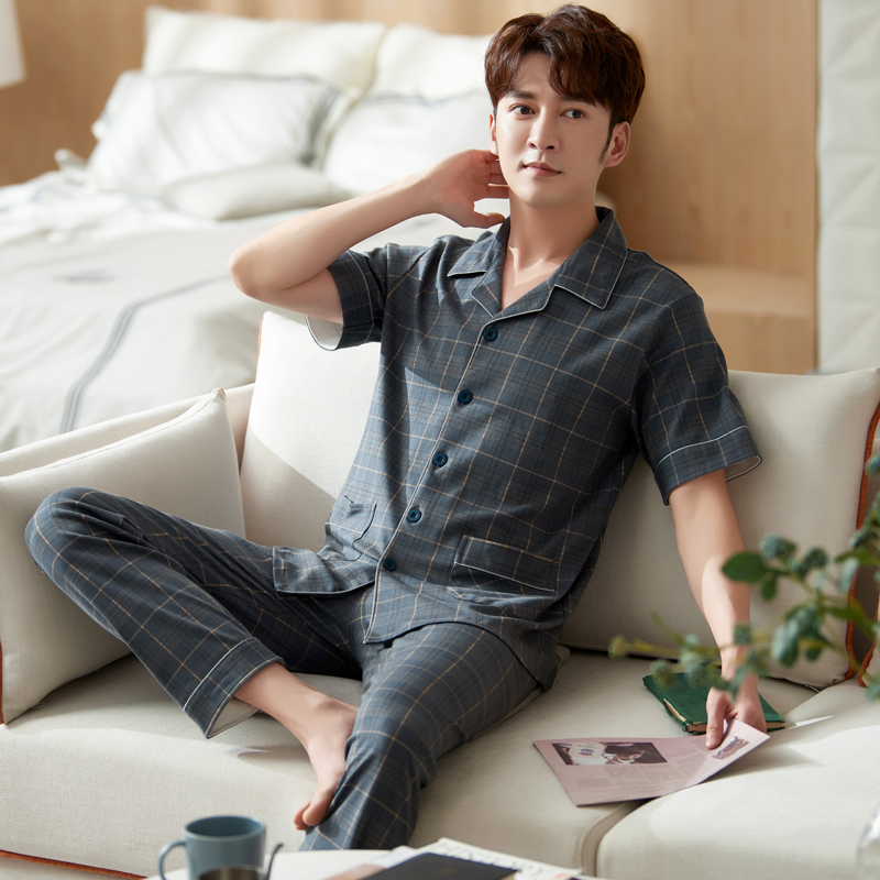 欧凡迪夏天睡衣男纯棉睡裤男短袖全棉薄款睡男夏季格子居家服男生睡衣