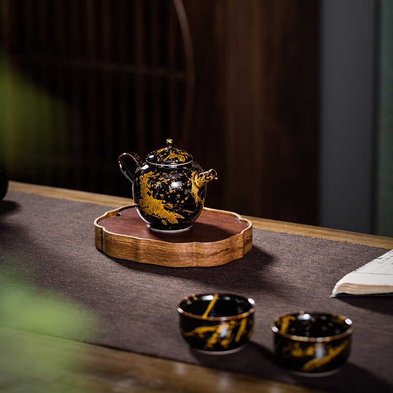 鋆钰 吉州窑功夫茶具套装陶瓷泡茶壶茶杯礼盒装 木叶盏 天目瓷 天目瓷六件套 色釉