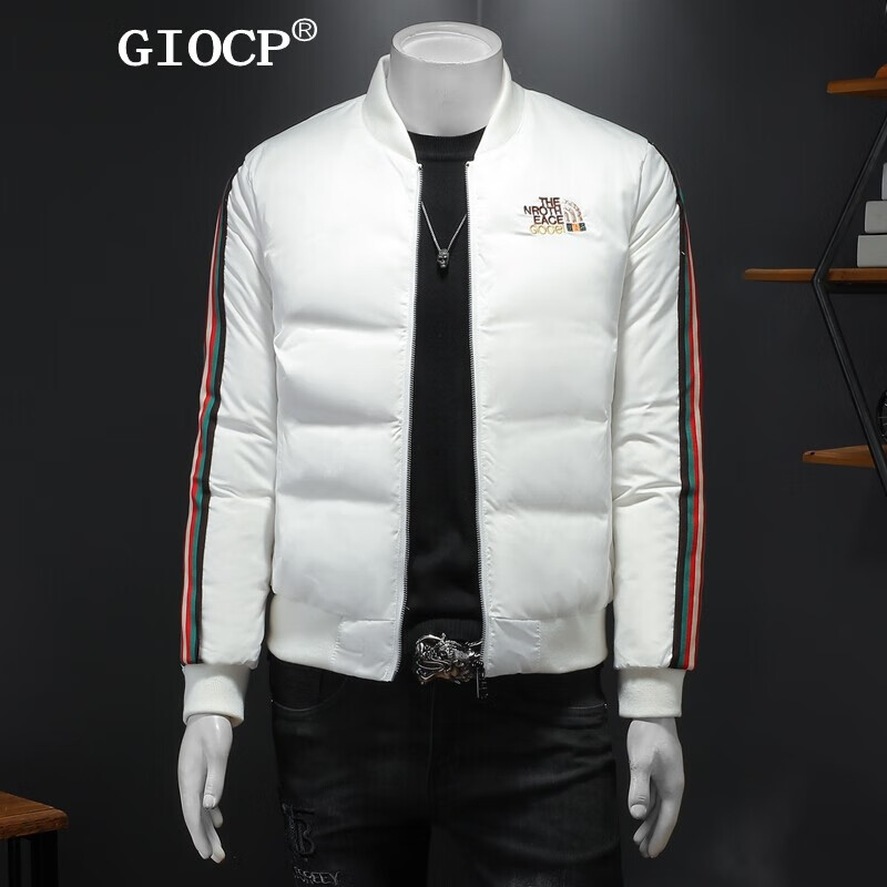 GIOCP香港潮牌冬季新款轻奢字母刺绣白鸭绒羽绒服男潮流条纹立领帅气男士大码羽绒外套潮 白色 M