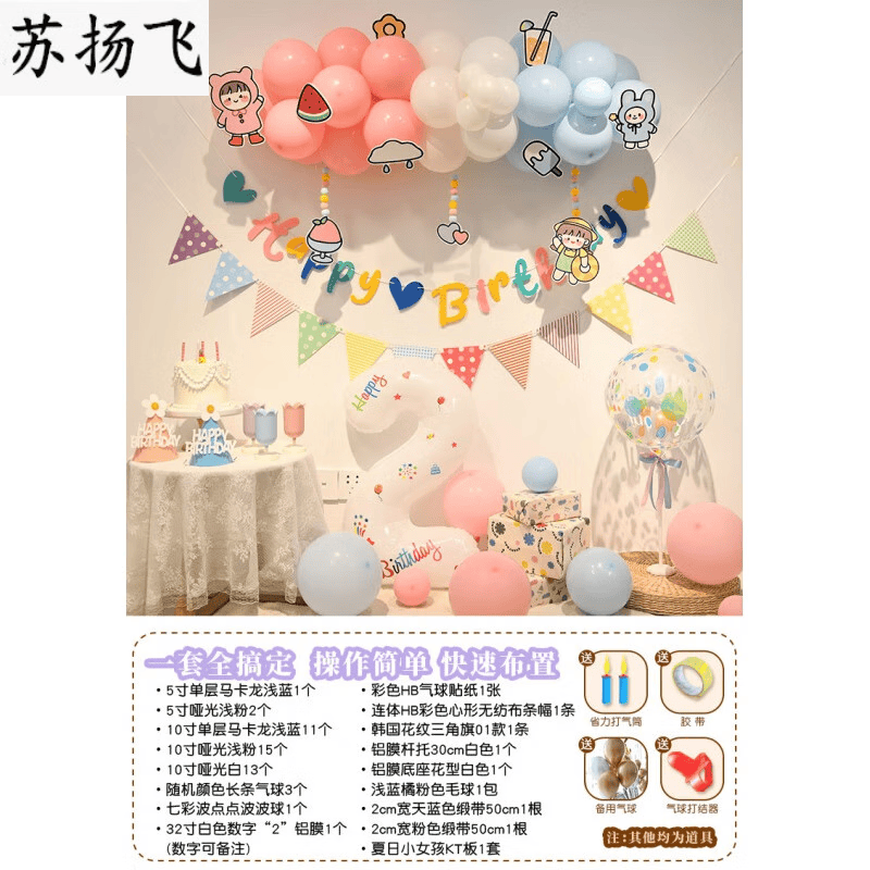 苍塑2岁生日布置女孩风儿童卡通气球装饰女宝宝周岁生日布置男孩派对