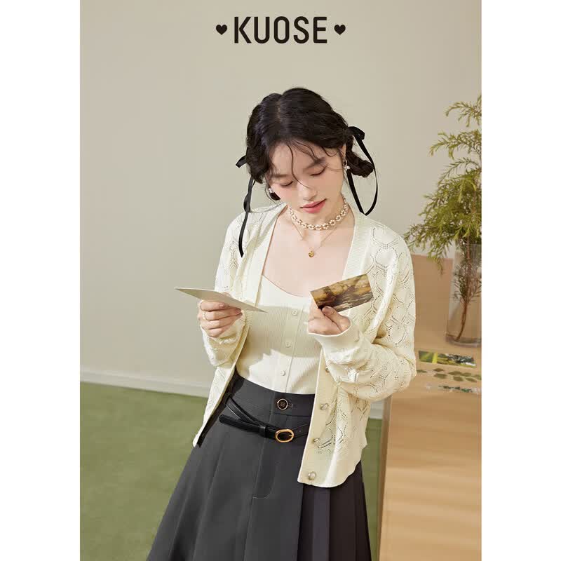阔色（kuose）镂空针织长袖开衫两件套装女2023夏季新款吊带外套米白色上衣 杏色 S高性价比高么？