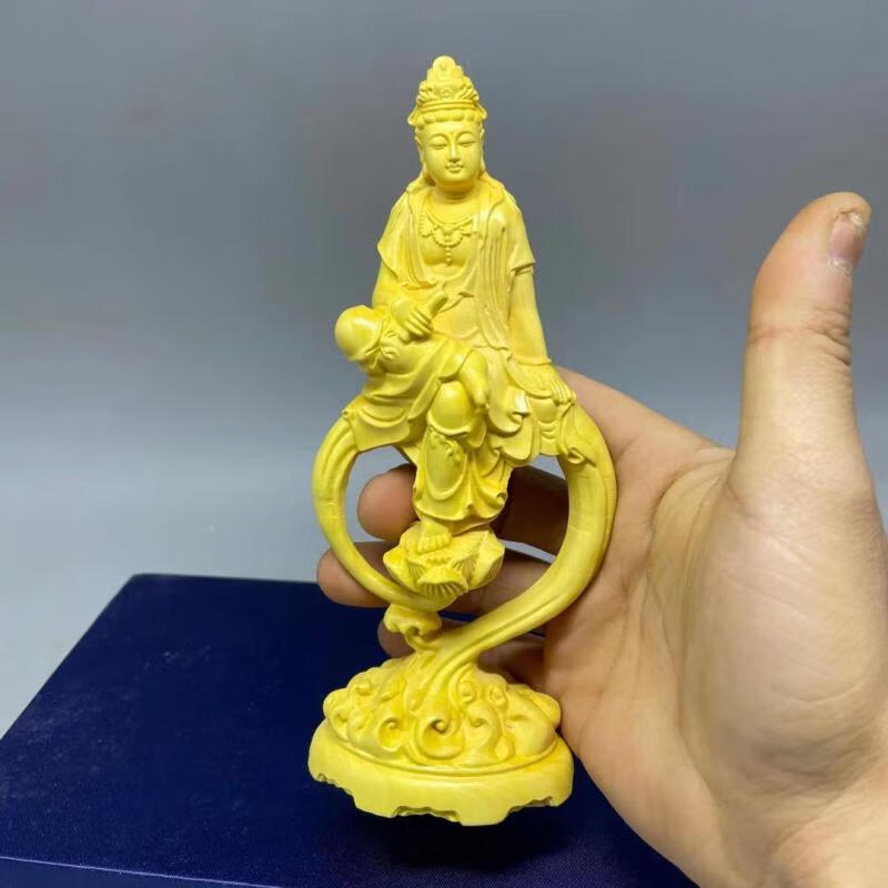 黄杨木雕坐式爱心观音摆件实木雕刻观世音菩萨佛像客厅电视柜饰品