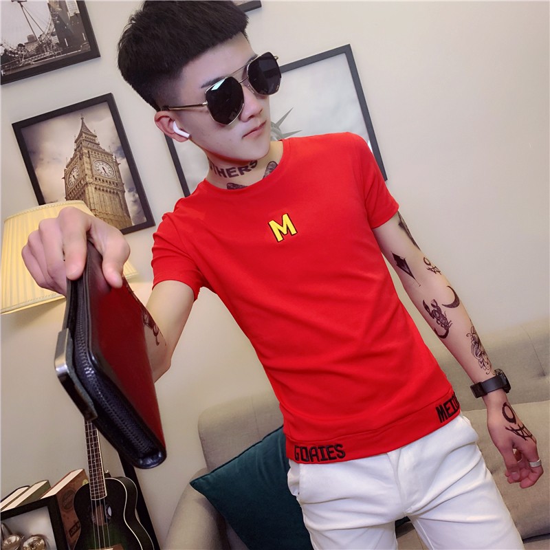夏季短袖t恤男韩版修身社会精神小伙潮流紧身刺绣半截袖t恤修身 红色