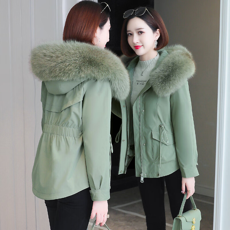 米季琳(mijilin)短款派克服2024年新款女冬时尚大毛领修身小个子皮草