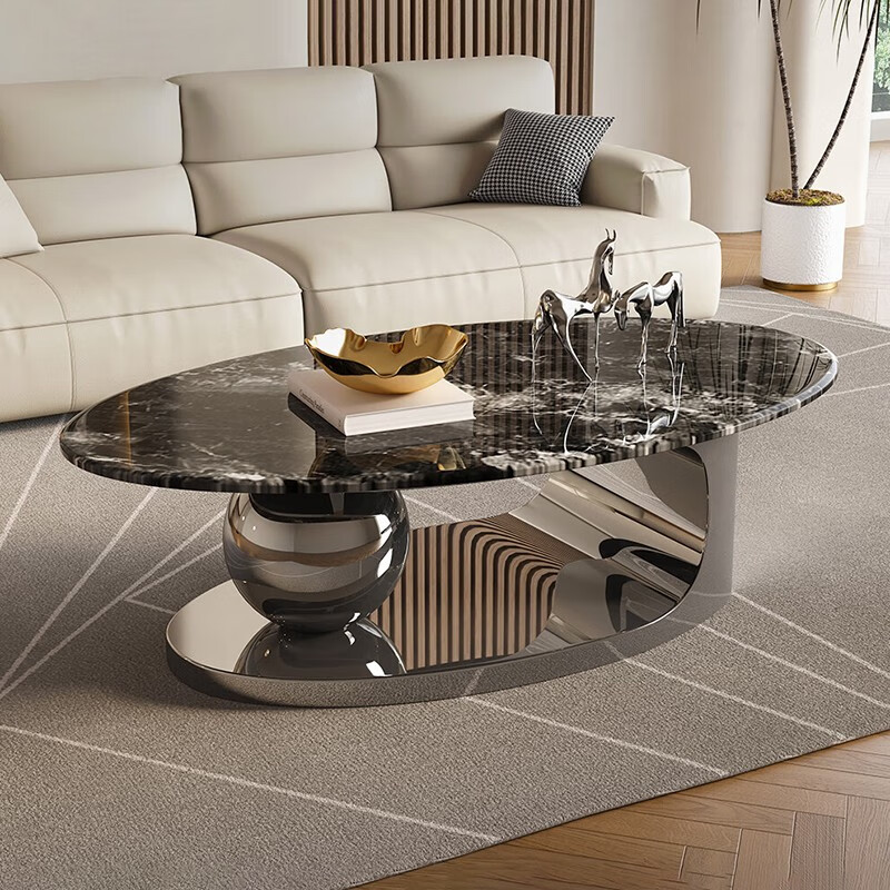 百睦优品 意式极简茶几 客厅简约现代轻奢天然微晶石椭圆茶几创意茶桌 微晶石-黑色 整装