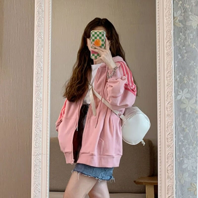 fshe2024新款连帽宽松百搭粉色拉链开衫卫衣短外套女上衣秋冬长袖加绒