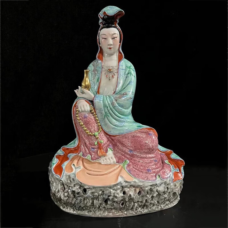 音佛.像摆件粉彩手绘陶瓷 坐石观音