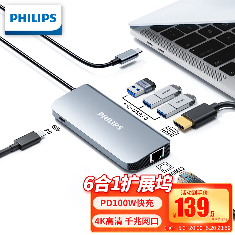 飞利浦扩展坞Type-C网线转接头USB-C转网口/HDMI 适用于MacBook 苹果iPadPro笔记本电脑 拓展坞6合一