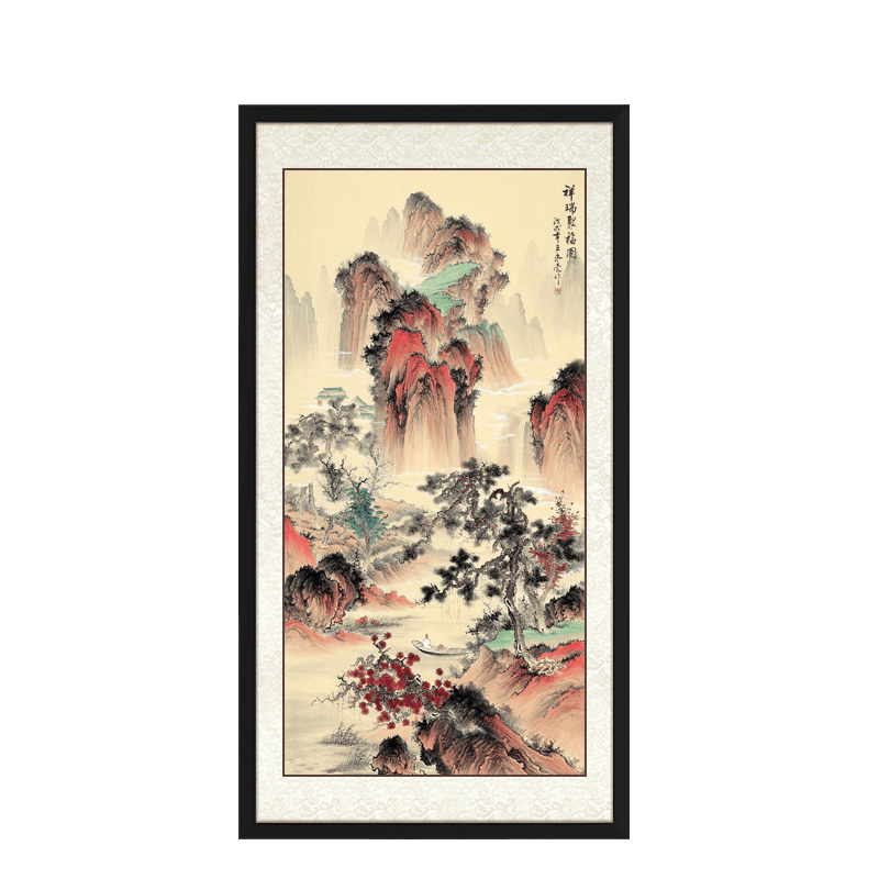 尚得堂手绘国画山水画客厅装饰画竖版玄关装饰画祥瑞聚福字画 沙比利实木框-直角黑色-发顺丰 装裱85*165