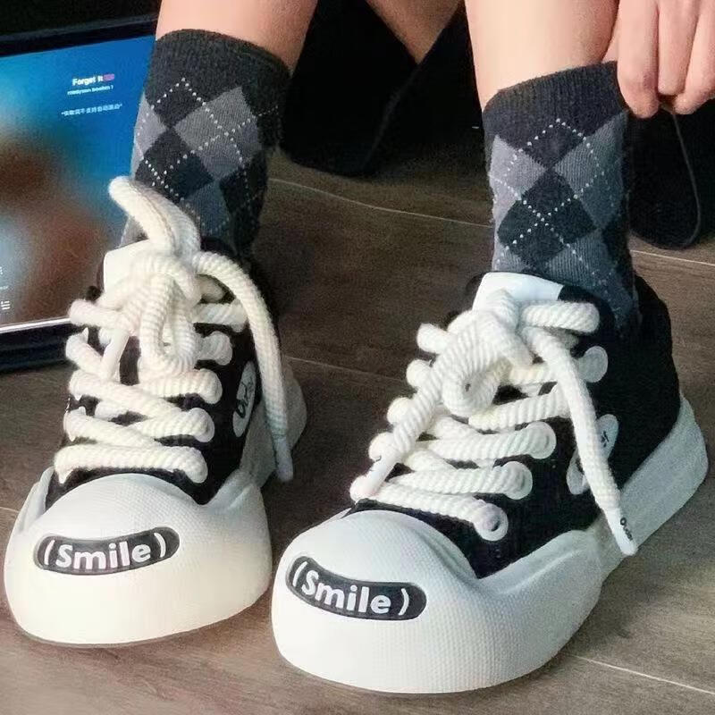 柒阅芒开口笑鞋子开口笑女鞋丑萌大头鞋厚底增高帆布鞋运动休 黑色 35