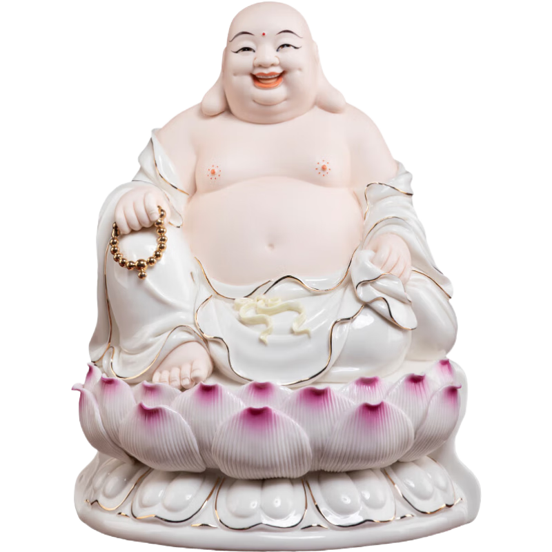 戴玉堂 陶瓷坐古蓮南海觀音菩薩佛像擺件觀世音居家客廳辦公室家用供奉 14吋坐蓮彌勒佛 描金 D24-126B