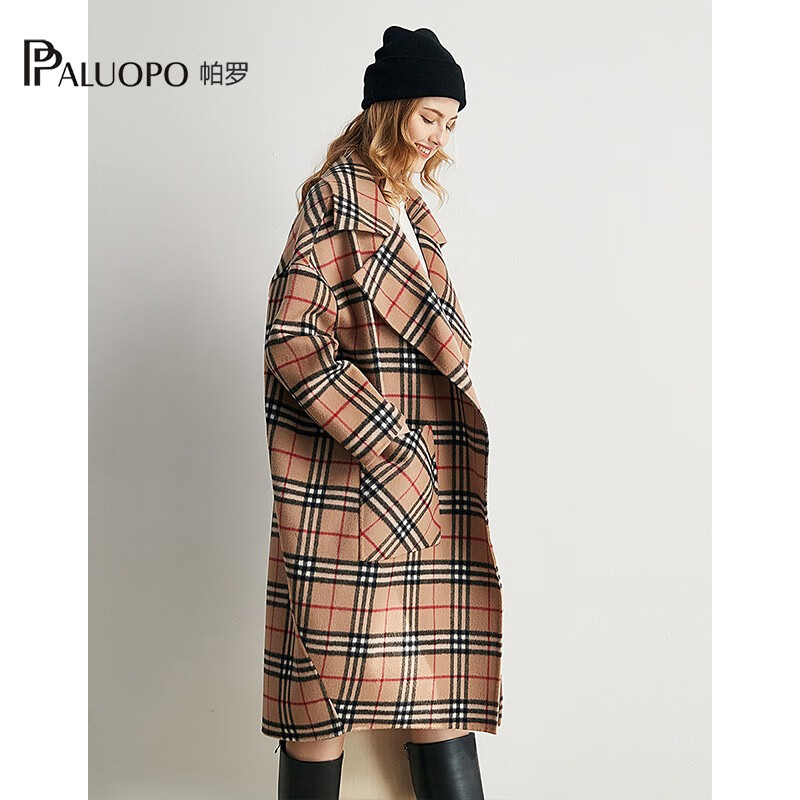 帕罗(PALUOPO)100%绵羊毛呢大衣双面外套格纹显瘦直筒阔版慵懒风女气质秋冬外搭 卡其 L 165/88A