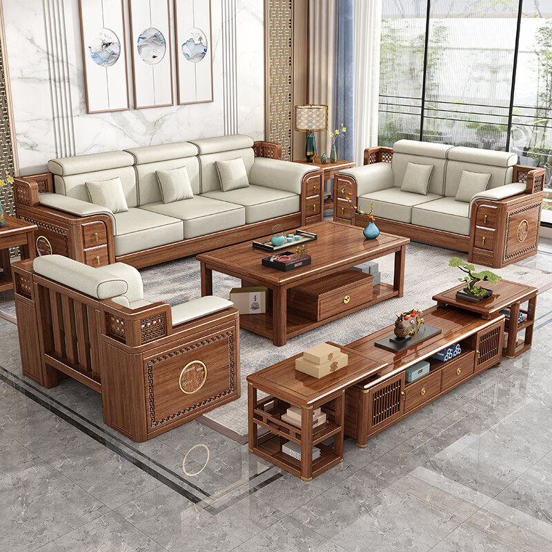 木优庭新中式全实木沙发客厅大户型紫金檀木冬夏两用储物别墅家具 三人位+贵妃榻